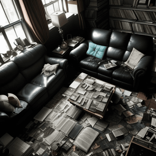 AI generated: Top-down view with a wide-angle perspective of a large, dark room. A man is lying face down on a sof...