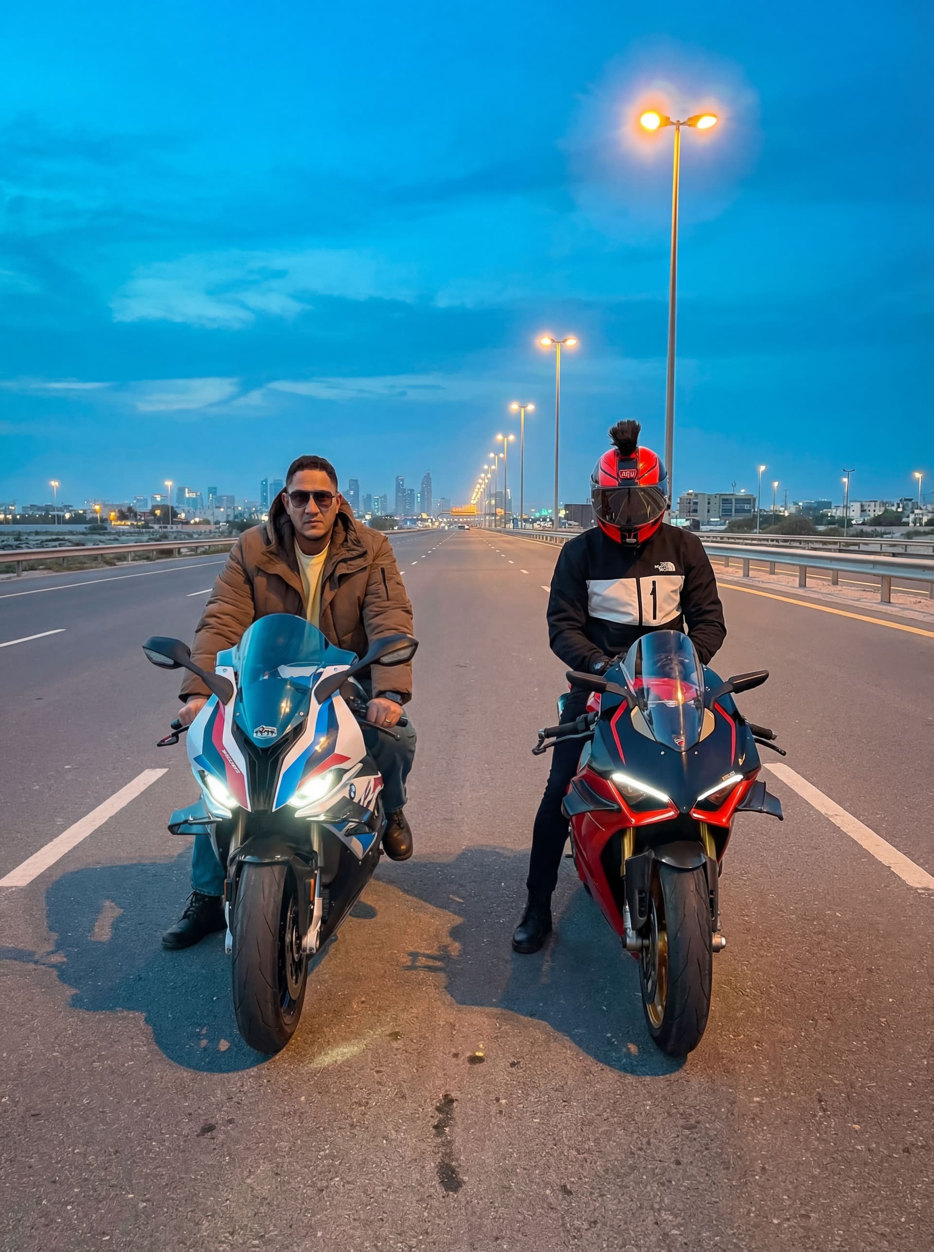 AI generated: Merge the two bikers in one photo as real photo 