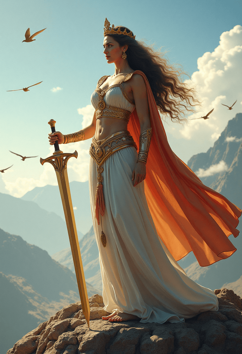 AI generated: Hera, queen of the gods, stands atop the Mount Olympus at mid-day with her hand resting on a golden ...