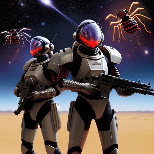 AI generated: army group, alien ant army group with silver armor invasion the planet, gunfire with red ant group, ...