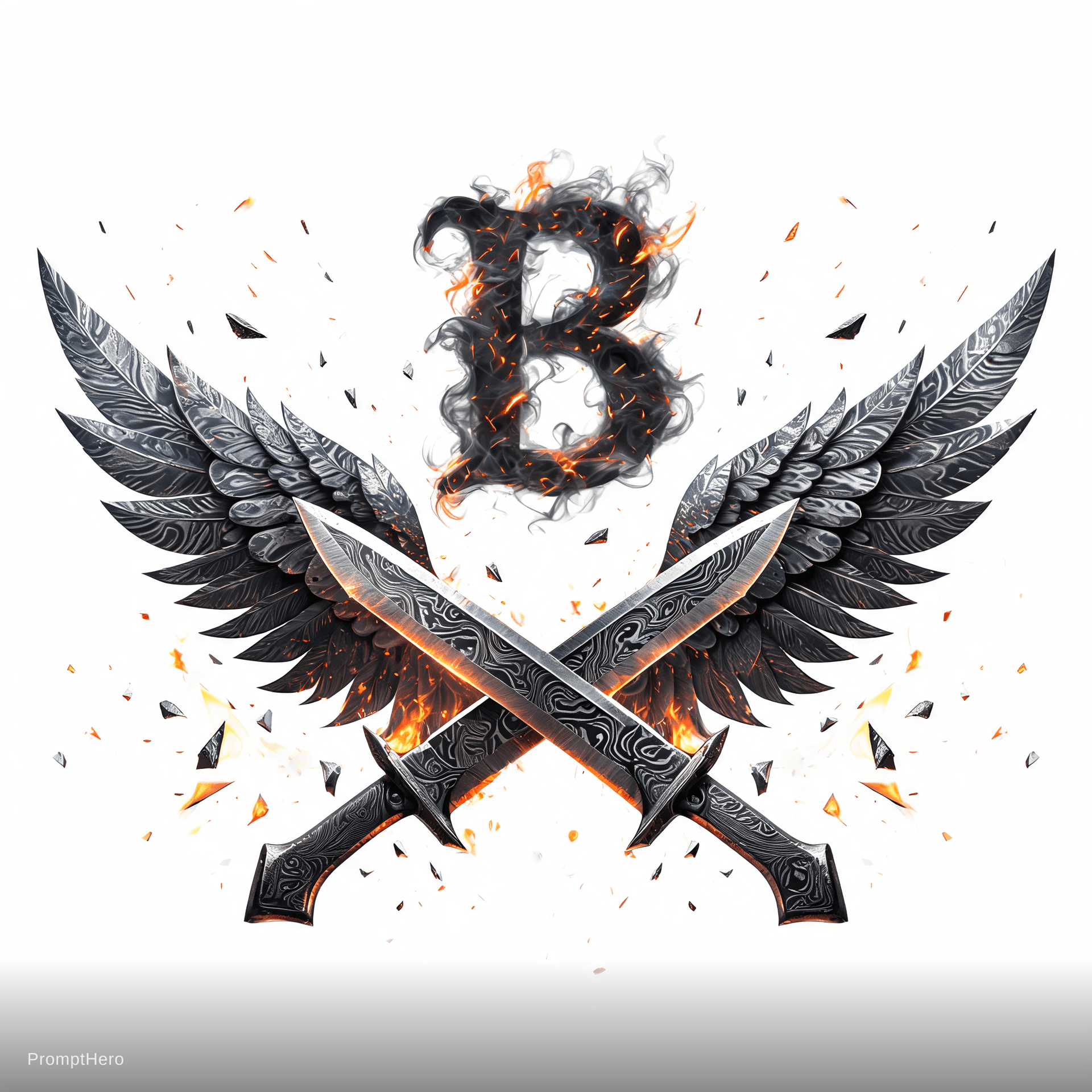 AI generated: Design an elite luxury streetwear logo featuring two crossed Damascus knives behind a pair of enormo...
