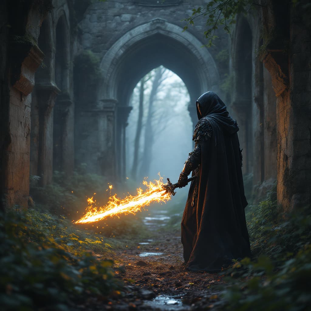 AI generated: medieval black wooded rebel knight cybernetic mage with cool robes and glowing flaming sword full sh...