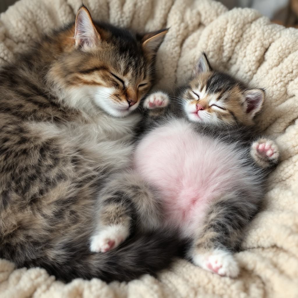 AI generated: a picture of a fluffy kitten on it's back laying against it's mother , with a big belly and asleep ,...