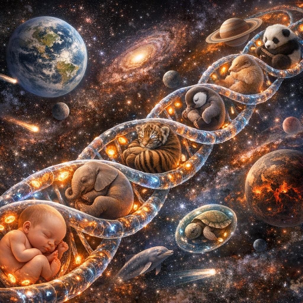 AI generated: mitochondria in the DNA pulsing through it in the form of young babies of all species of life on Ear...
