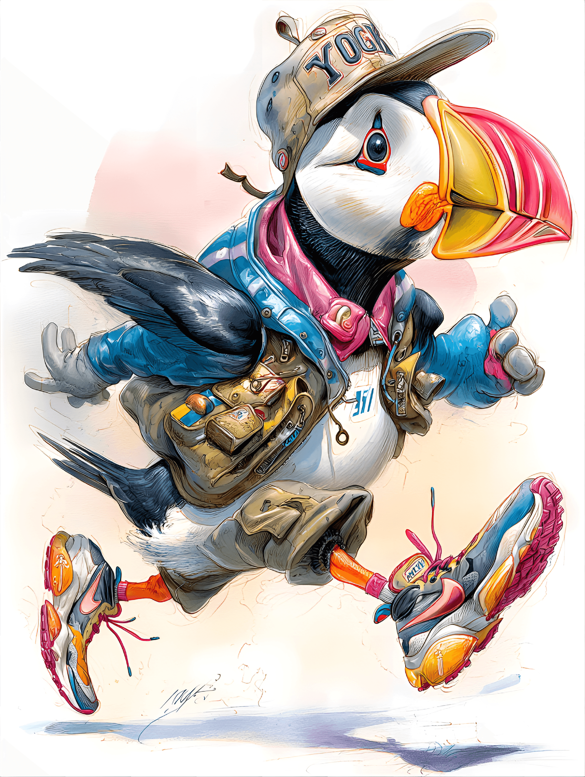 AI generated: funny caricature, puffin animal caricature, young arctic male, 2 years old, colorful beak, sleek fea...