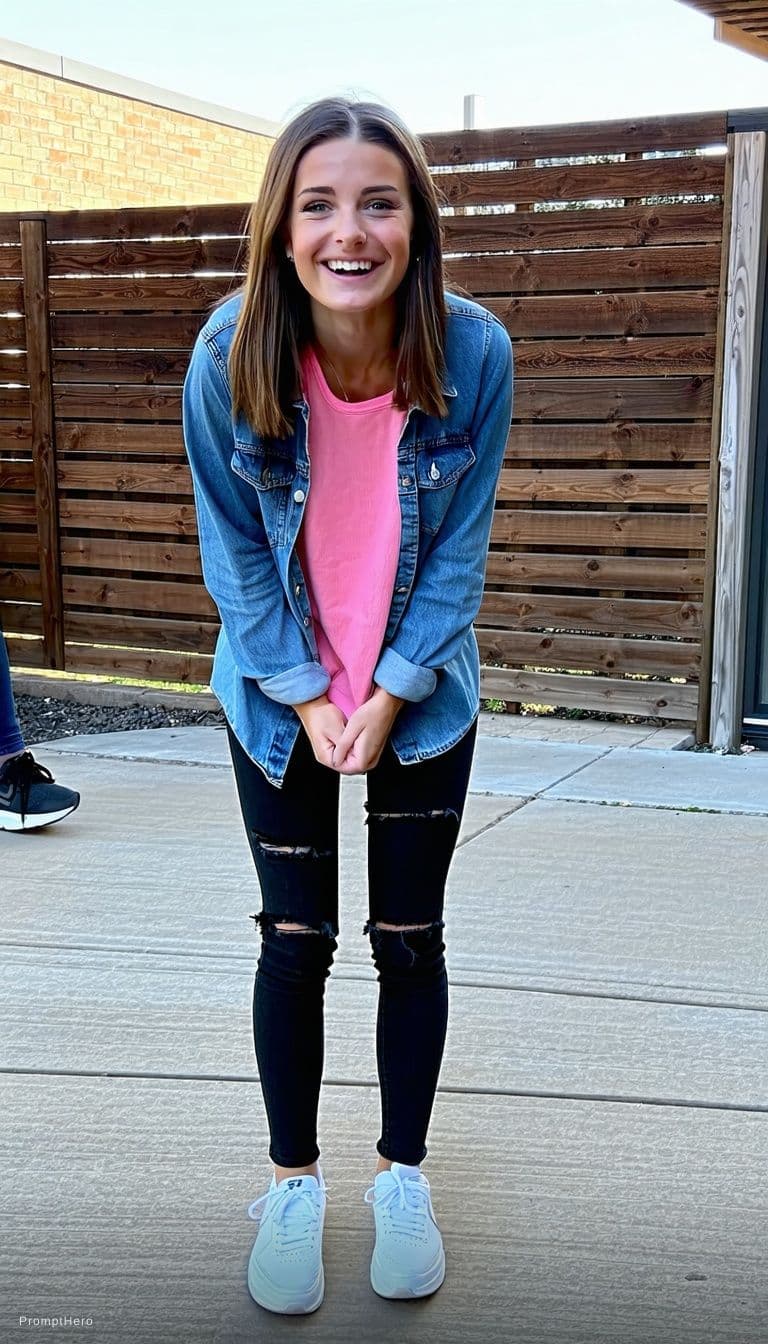 AI generated: Girl smiling, stand up and walking to camera she wears pink sheer lace underwear