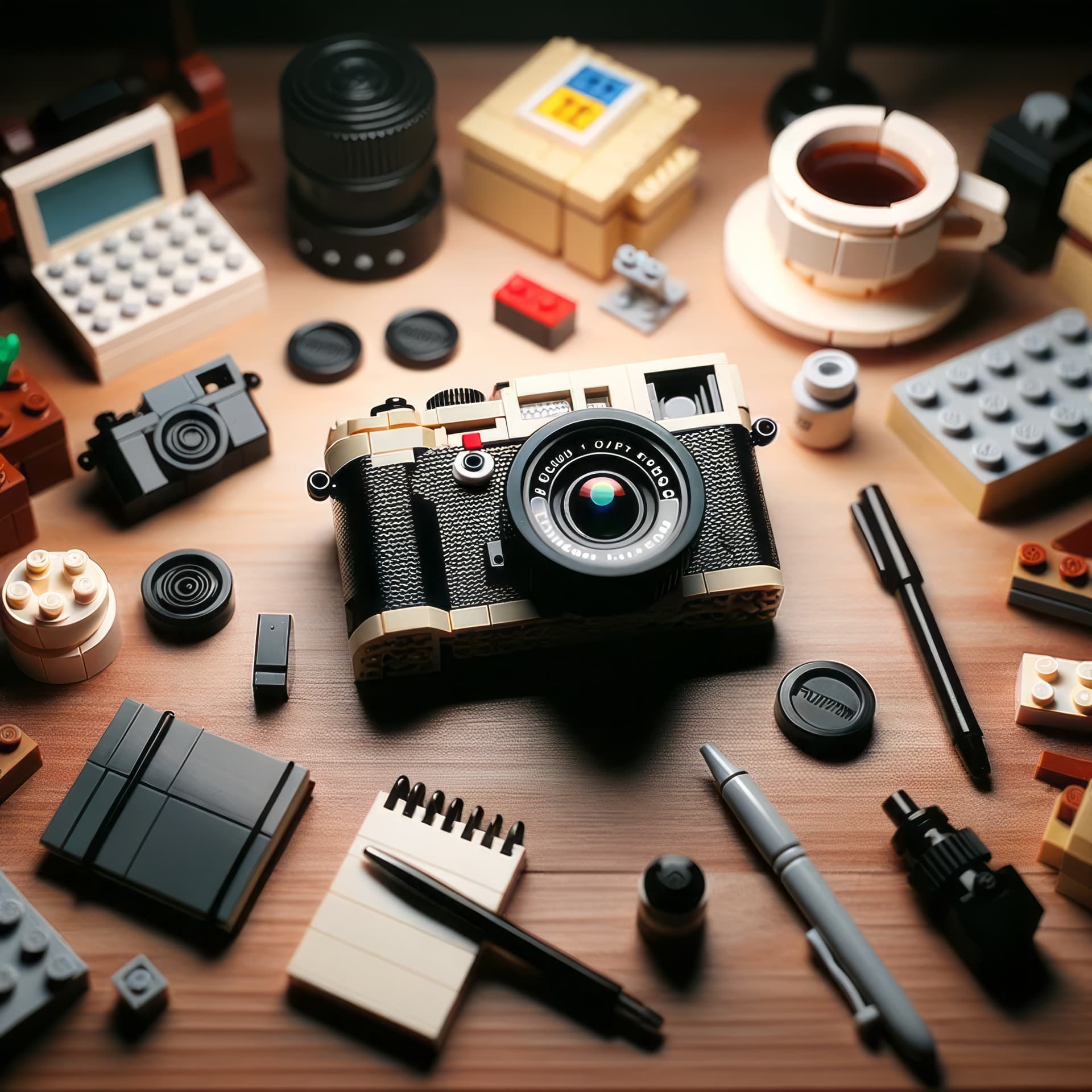 AI generated: Photo of a Lego diorama featuring a Fujifilm X100V camera on a photographer's desk. The camera, made...