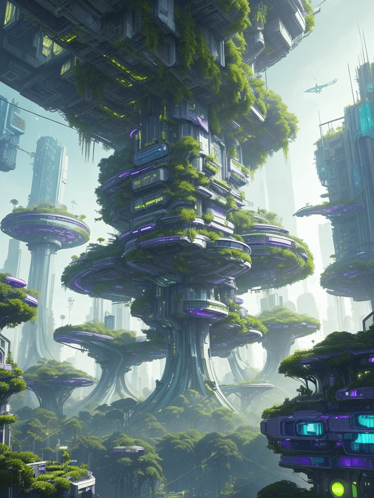 AI generated: a view of a city with a lot of trees and bushes, garden, a lot of flying objects , future city, in f...