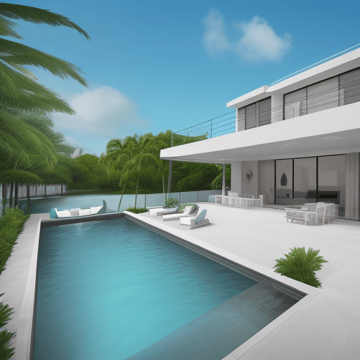 AI generated: Create a high resolution picture of a Modern mid century Miami style home with pool on a waterway
