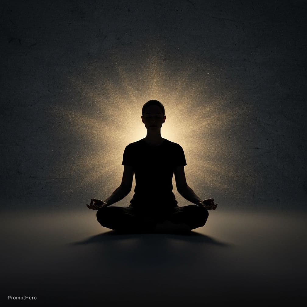 AI generated: Silhouette of person in peaceful meditation 
pose, dark background with soft golden glow, 
mental we...