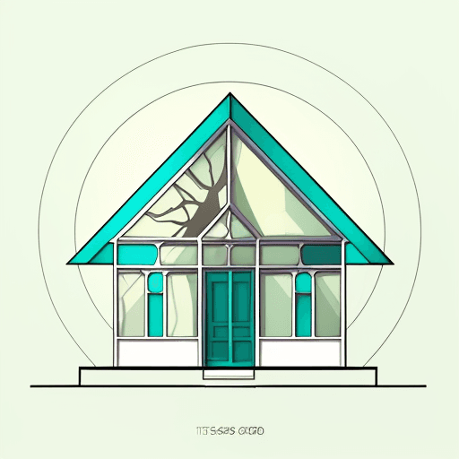 AI generated: stained glass tiffany, Front view of a 60s tiny house facade in a flat in a circle, Perfect flat geo...