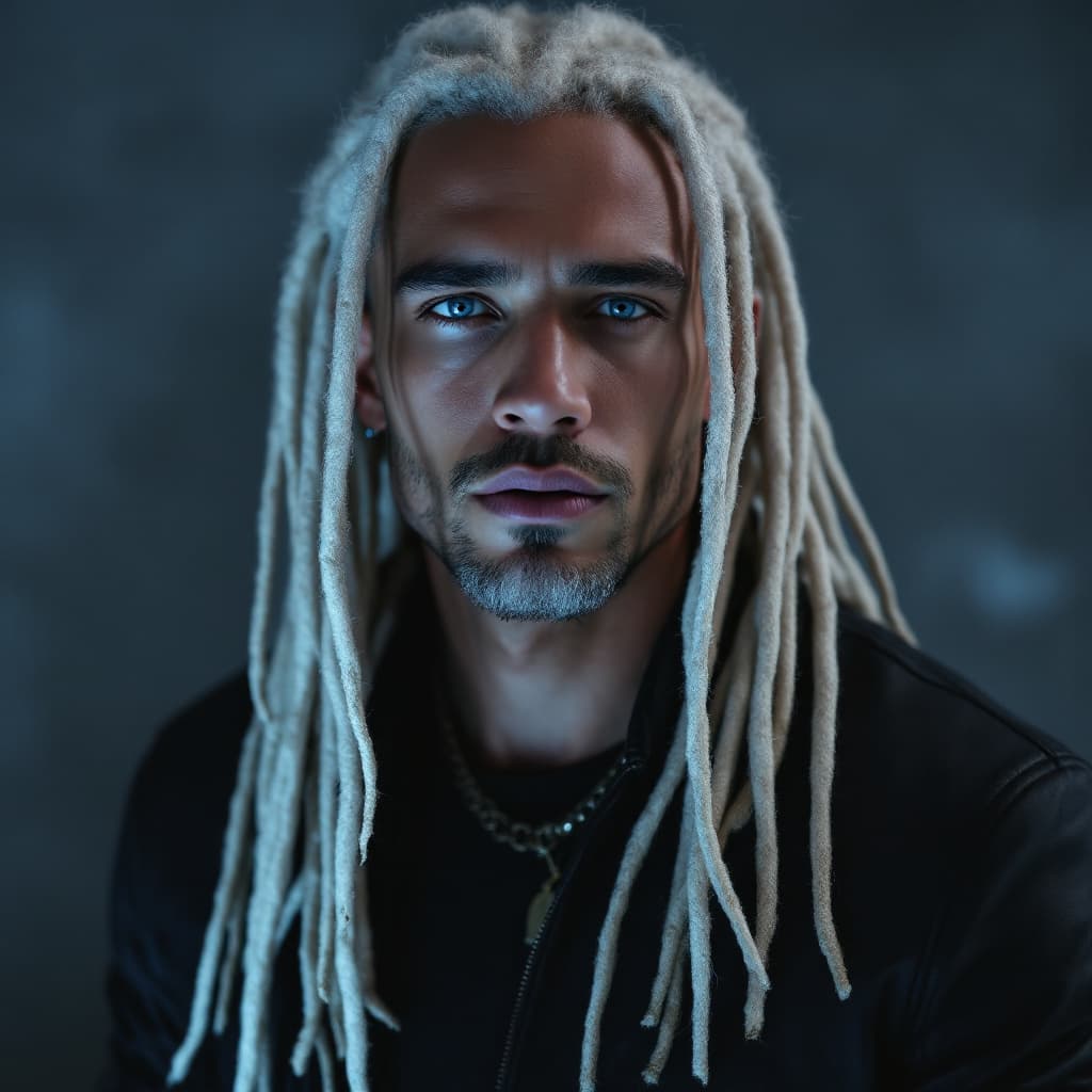 AI generated: "Ultra-realistic avatar of a white European male with striking blue eyes and very long white dreadlo...