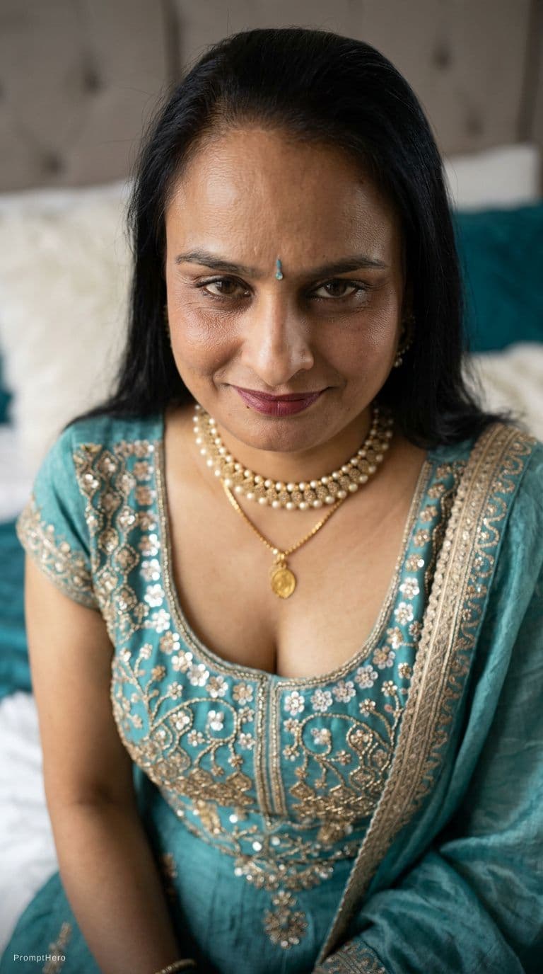 AI generated: Sitting on a bed teasing, same uploaded hairstyle, wearing same décolleté saree dress but cropped, l...