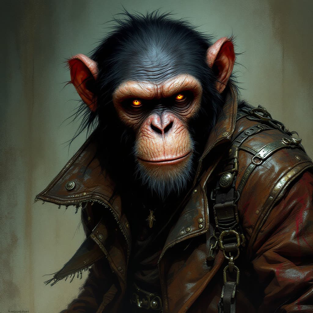 AI generated: A shadowrun monkey shaman that is a chimpanzee in wearingt a cyberpunk leather jacket
