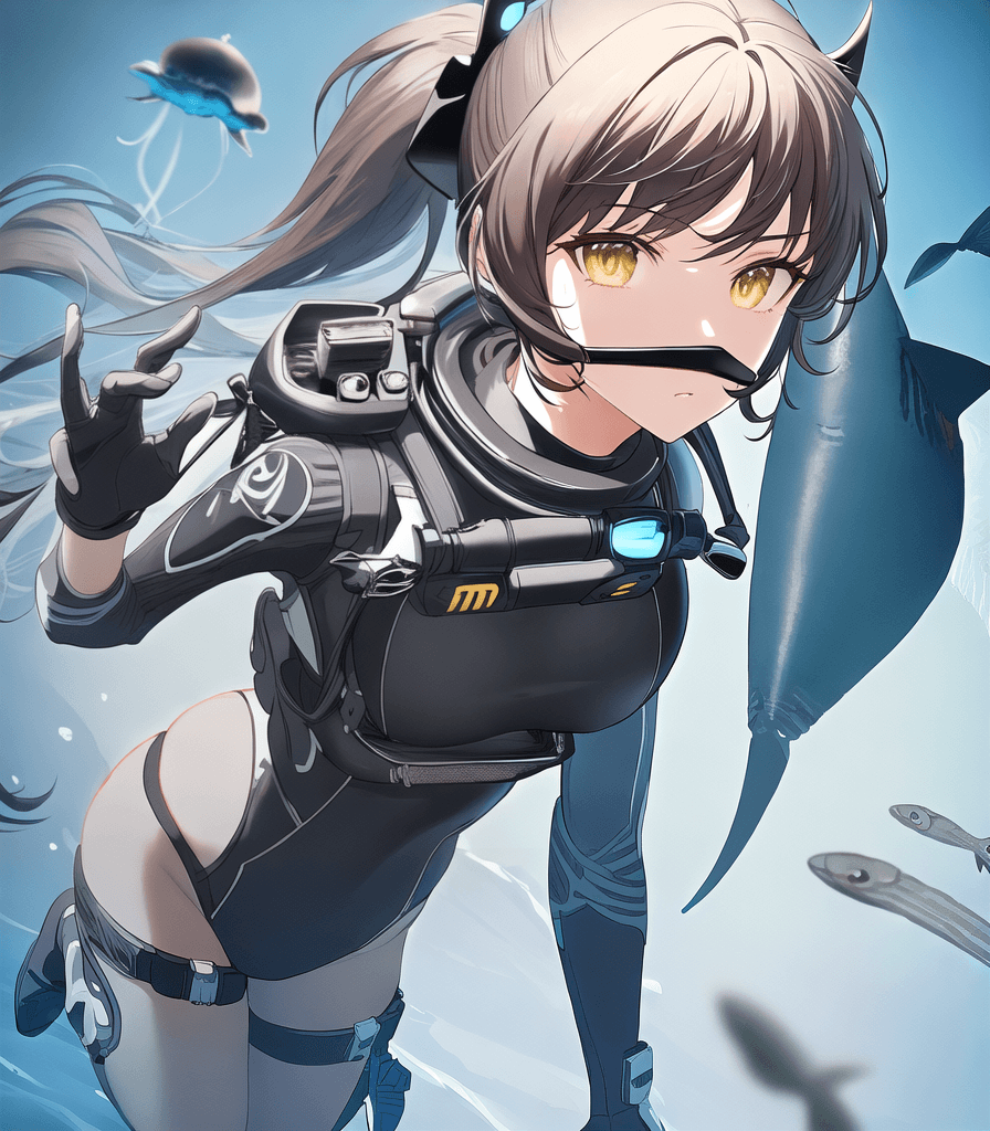 AI generated: (perfect anime illustration), 1girl, solo, (ponytail), brown hair, (huge breasts:1.2), black scuba d...
