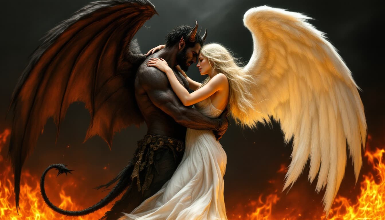 AI generated: a demon and an angel embracing in front of a fiery background. The demon is dark brown with large wi...