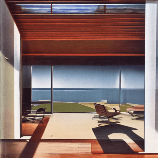 AI generated: Hyper realistic eye level exterior photo of a mid century modern style house overlooking the ocean, ...