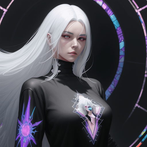 AI generated: an illustration of a woman with a white hair wearing a black t shirt, in the style of colorful fanta...