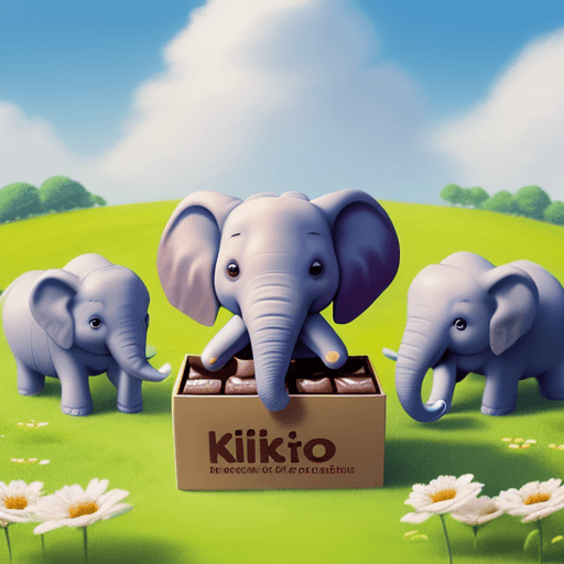 AI generated: Imagine a small elephant calf, named Kiko, smiling and wearing a t-shirt. Kiko is holding a box of c...