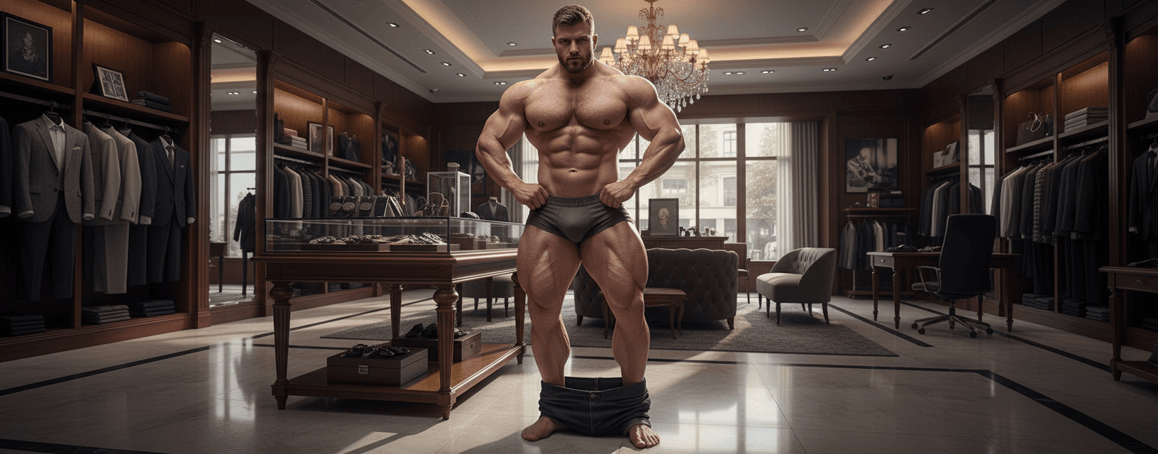 AI generated: At a very luxurious men's clothing store, the bodybuilder is a white male, he is 6 feet 4 inches tal...