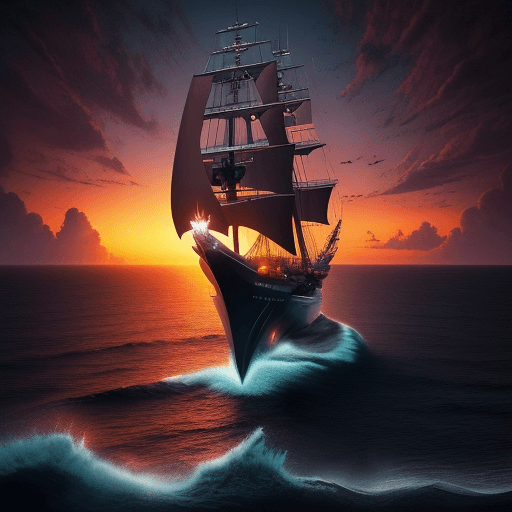 AI generated: Beautiful alien, frigate at sea against the backdrop of sunset, fantastic landscape, unusual eyes, h...