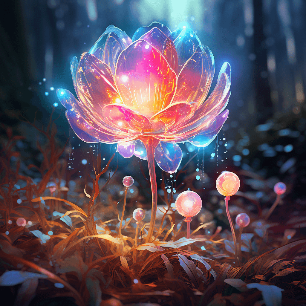 AI generated: psychedelic flower with lightful bubble bloom, standing in forest clearing, digital art