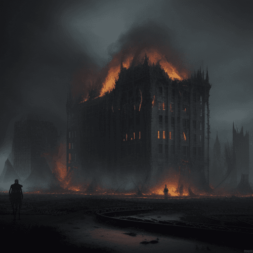 AI generated: dark ambient, realistic, fantasy, chaos, --burning building 4k realistic free art with strokesar 3:4...