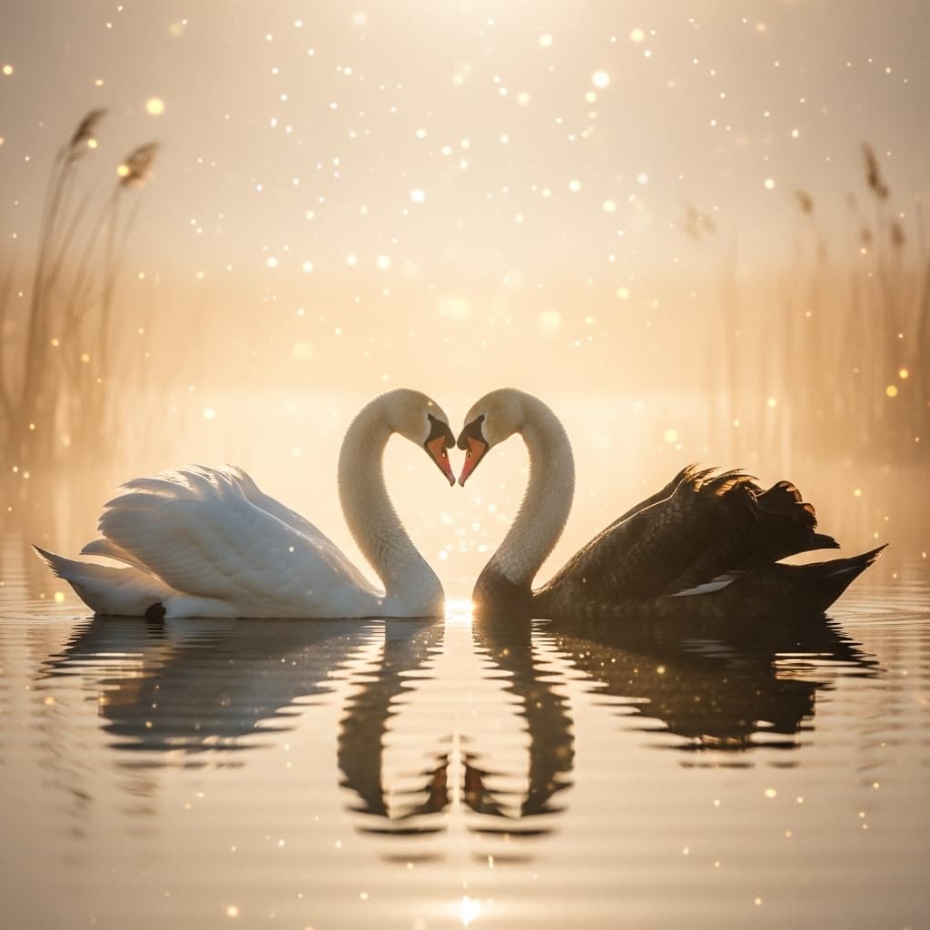 AI generated: Une scène sereine et romantique met en scène deux cygnes, l'un au plumage blanc immaculé, l'autre au...