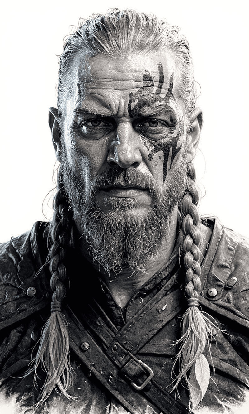 AI generated: black and white drawing of a Viking warrior man " Ragnar Lothbrok "with braided hair, wearing war pa...