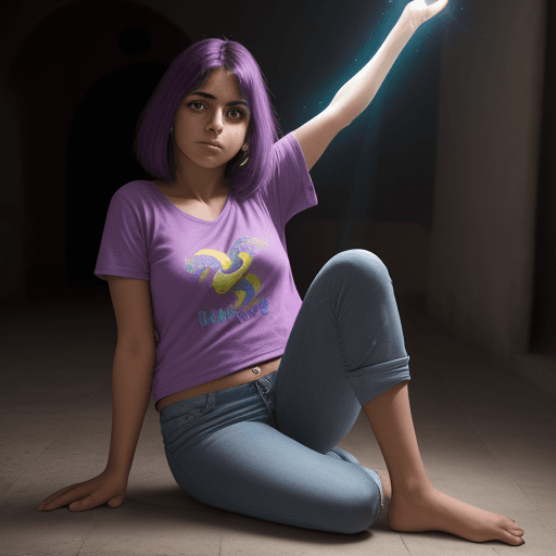 AI generated: mujer joven, contextura delgada. cabello corto color violeta, camiseta sin mangas y pantalon corto, ...