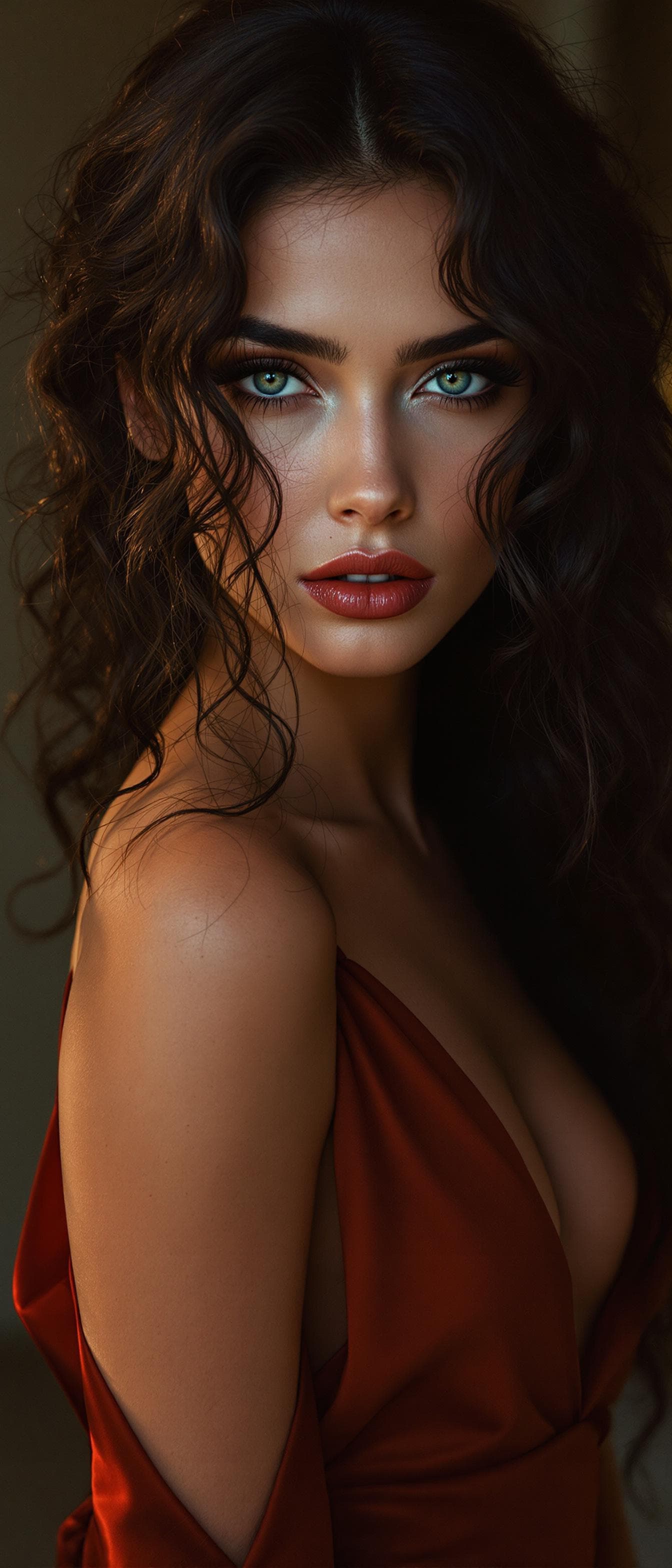 AI generated: "Dramatic cinematic portrait photography featuring a lithe supermodel, fair skin, long raven black c...