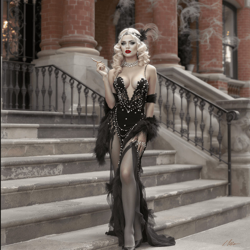 AI generated: Image photoréaliste d’une femme séduisante sosie de Pamela Anderson, dans les années 1920 à Chicago....