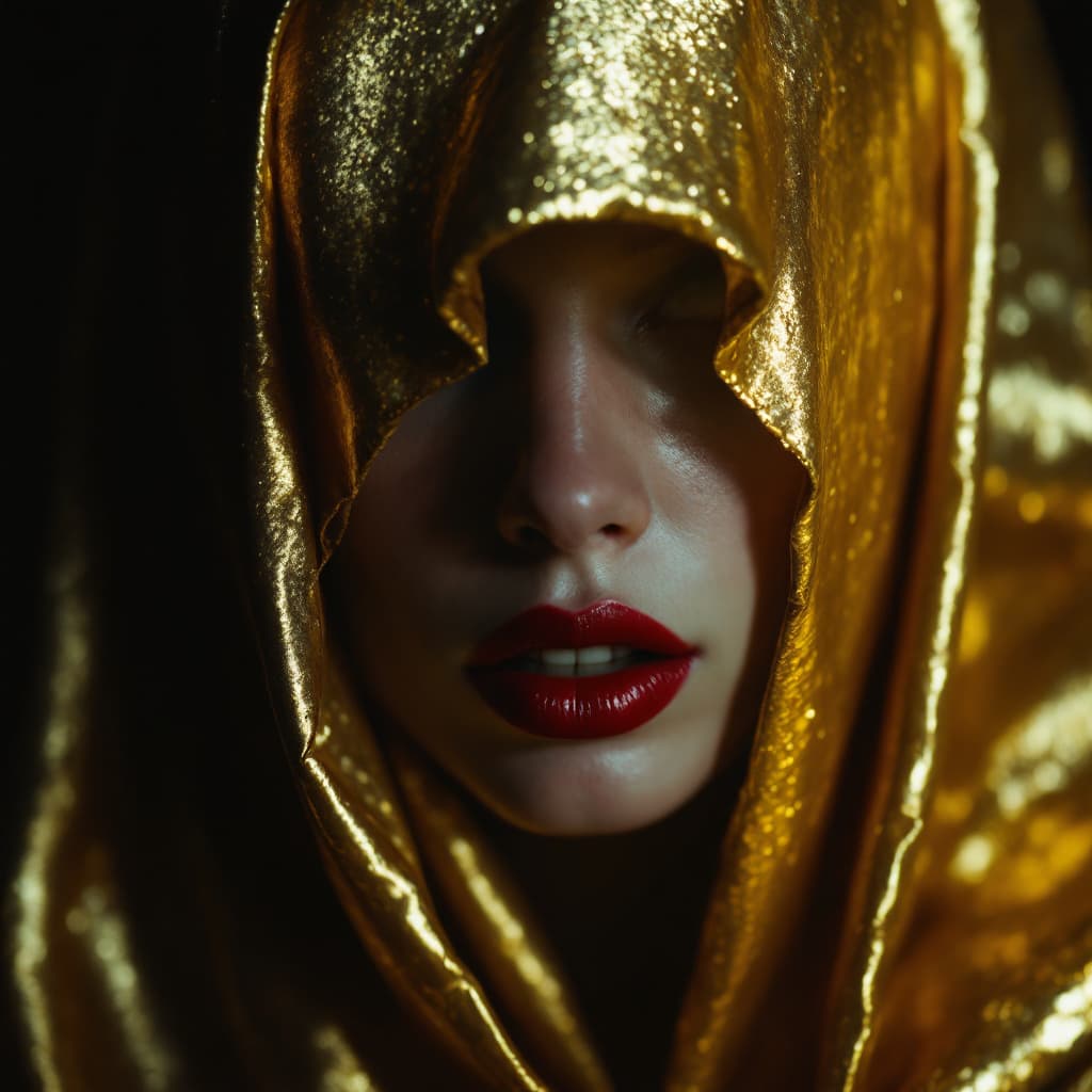 AI generated: creates an image showing a woman from a horror movie, with a golden veil covering her face. Only the...