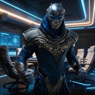 AI generated video: alien commander issuing urgent commands, clenched fists, intense expression, command center lights r...