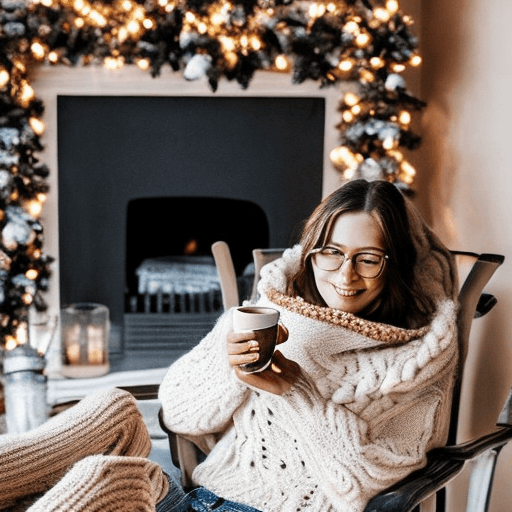 AI generated: Imagine a winter scene with a woman sitting on a cozy armchair in front of a fireplace. She is weari...