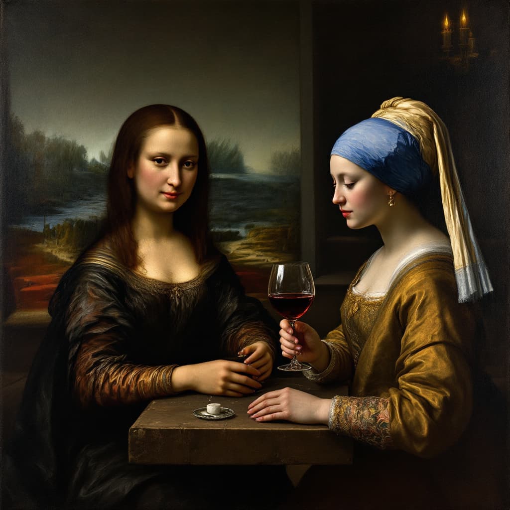 AI generated: Leonardo da Vinci’s Mona Lisa and Vermeer’s Meisje met de parel are drinking wine in a bar --v 6.1 -...