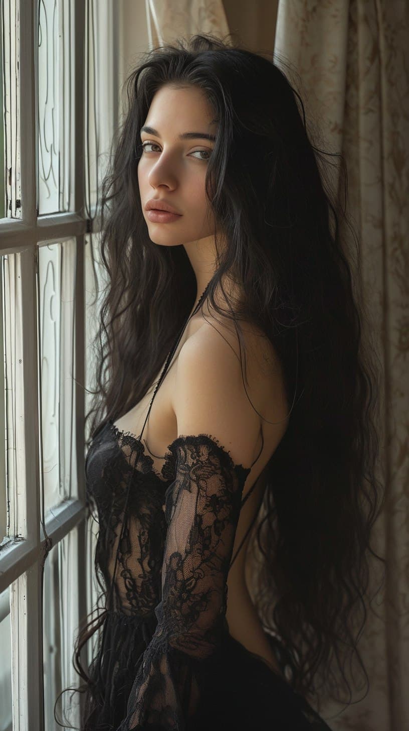 AI generated: a woman with long black hair standing on a balcony, cinematic beautiful natural skin, light blush, c...