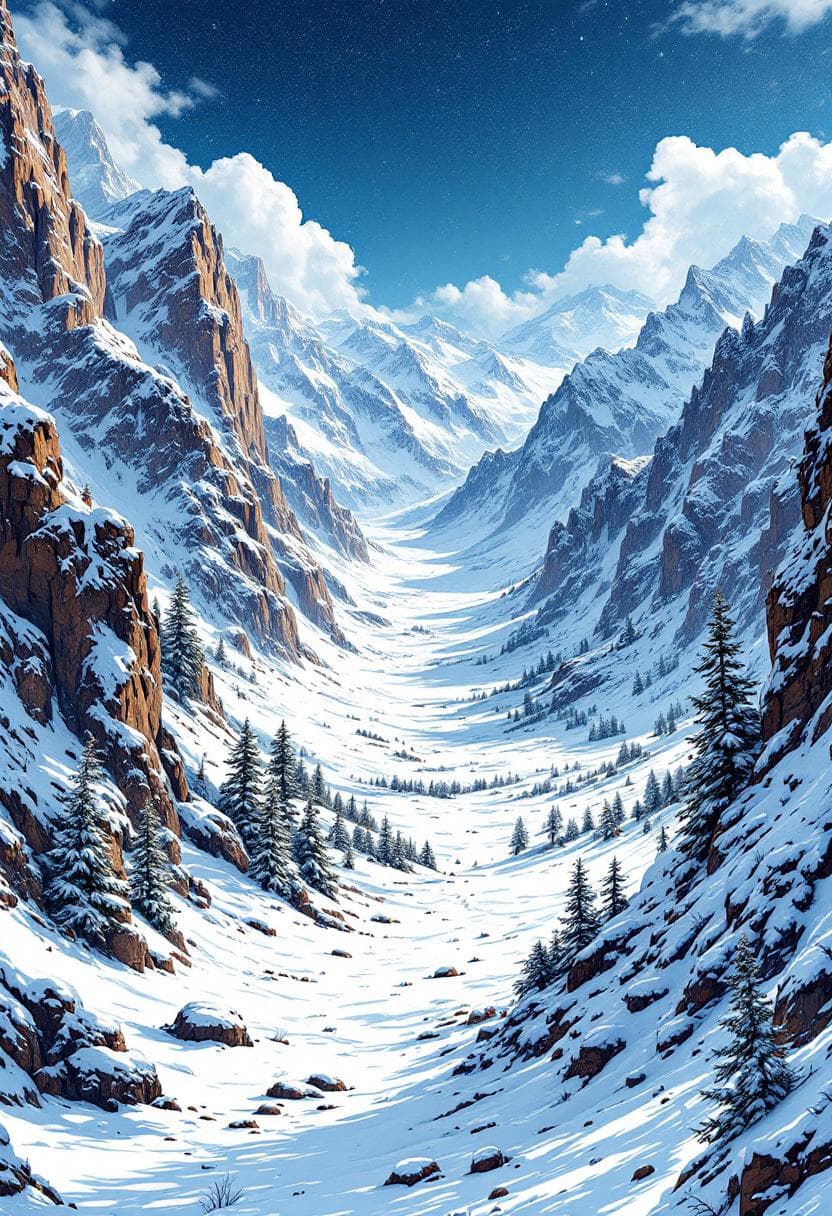 AI generated: snowy valley, with steep mountains around, intricately detailed, concept art in stencil sketh style