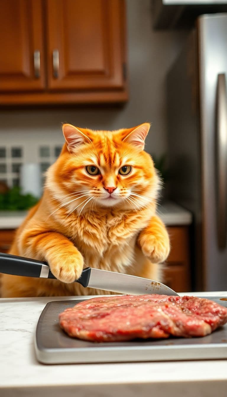 AI generated: Orange cute fat cat is cutting a steak in the kitchen. 