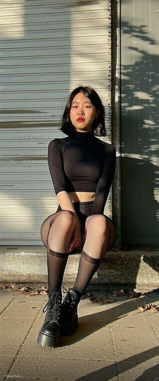 AI generated: lingerie portrait, outside, hushed palette,black bra, black hair, sitting down