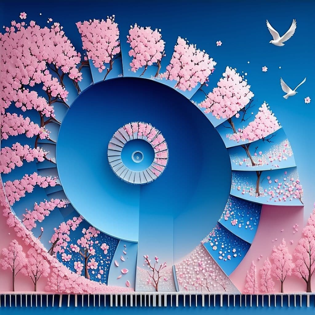 AI generated: Fibonacci sequence, cherry blossoms, blue background, pink accents. explosions