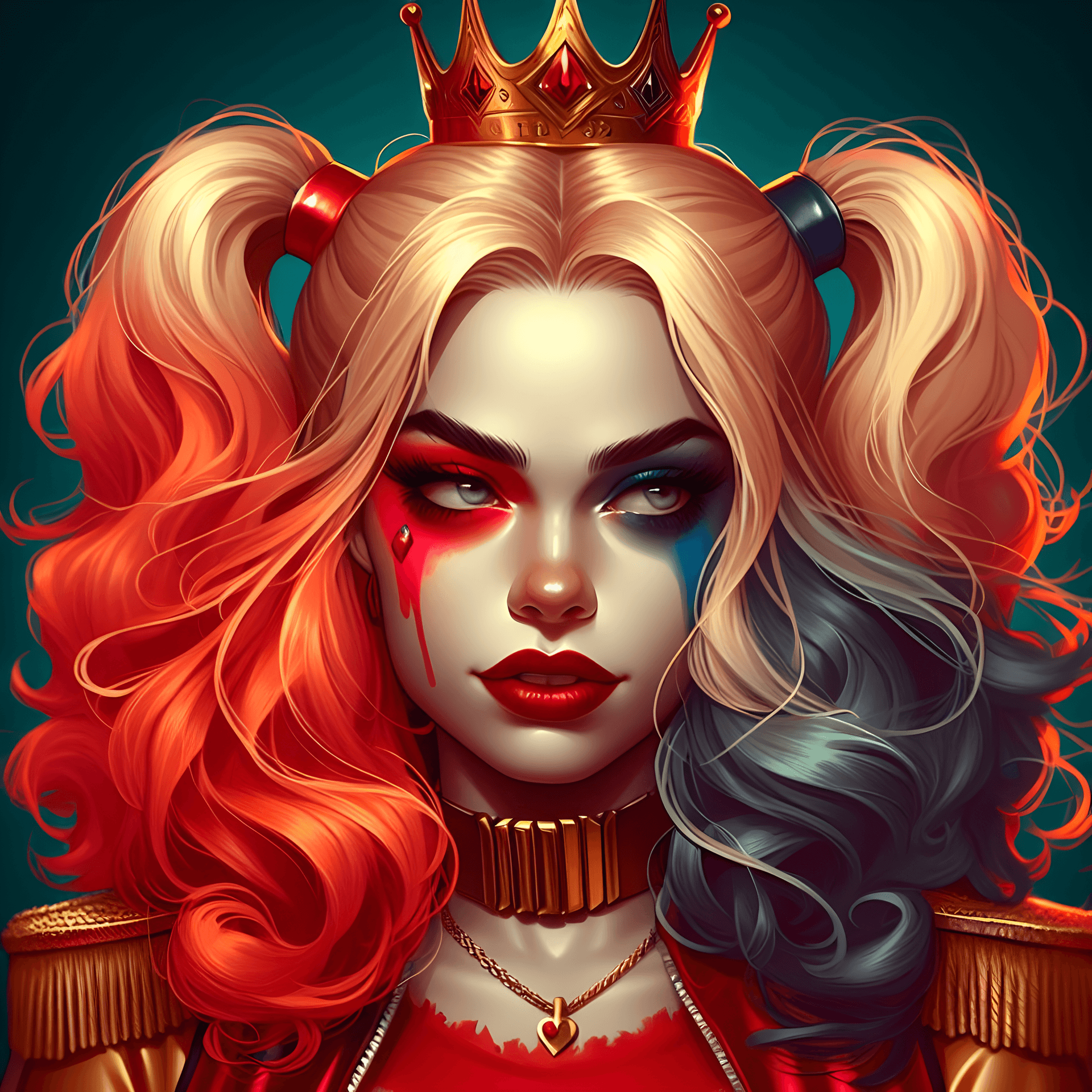 AI generated: Queen Harley Quinn, Digital painting, Contemporary era, Rich and vibrant colors with a focus on shad...