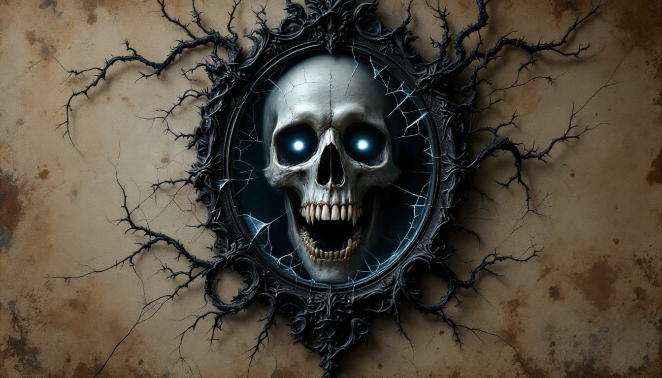 AI generated: Dark fantasy gothic artwork: ancient vampire skull with razor-sharp fangs and jagged teeth, bursting...