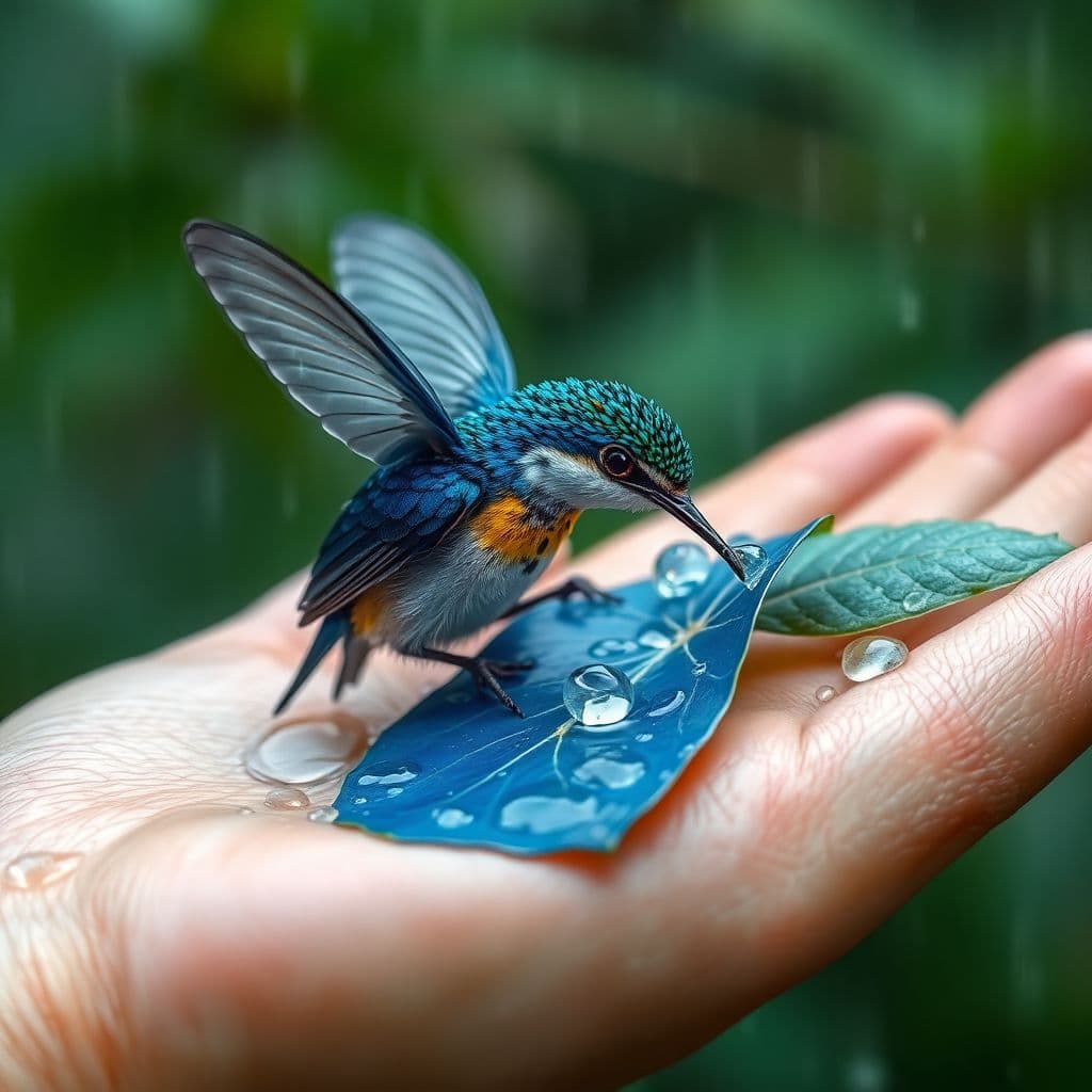 AI generated: Kolibri sitting in the palm of my hand and drinks water from a blue leaf, very beautiful and very de...