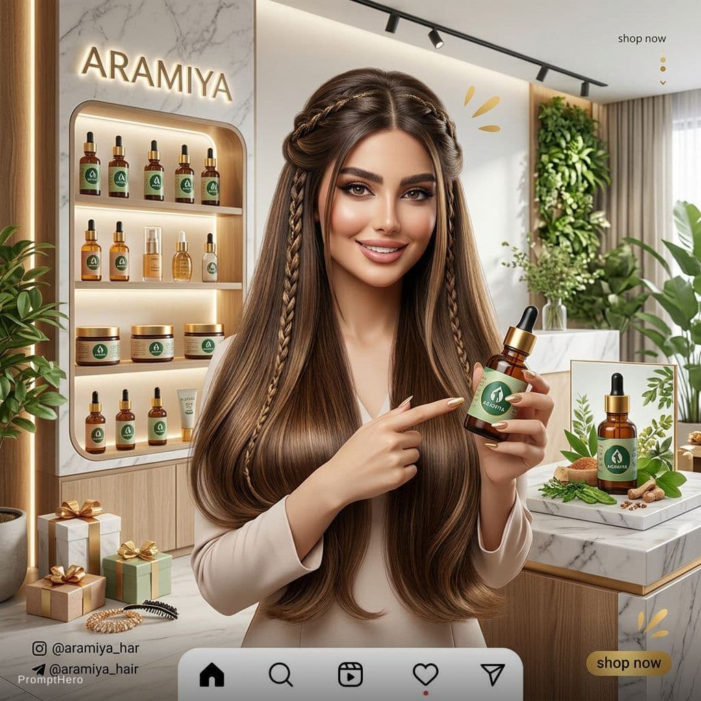 AI generated: using the face of the input image create an image of a woman of promoting beauty hair products in a ...