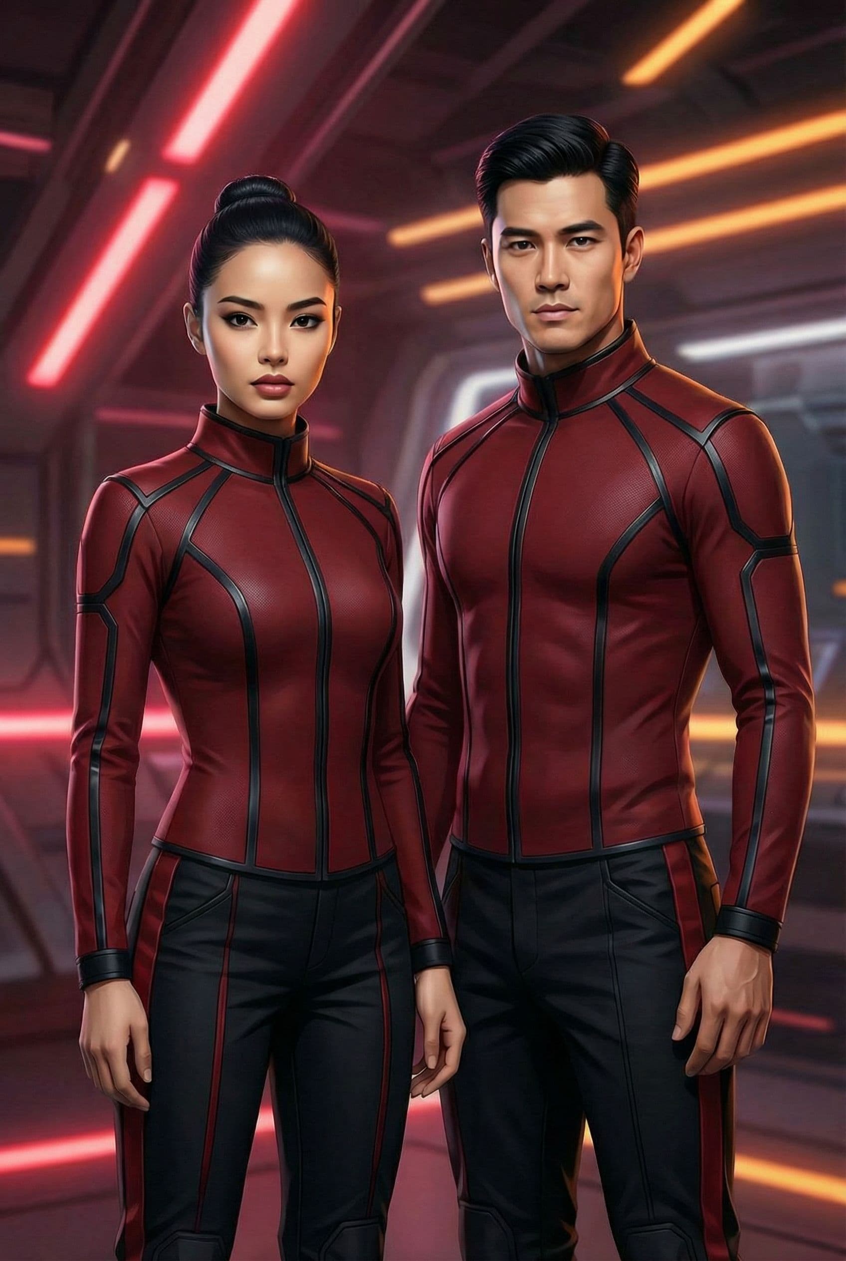 AI generated: Create a Sci-Fi uniform. Use the reference image and turn all blue to red. The color of the uniform ...
