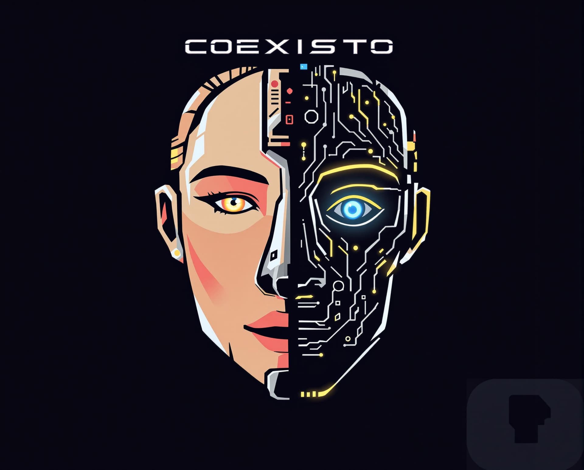 AI generated: "A futuristic design of a split face, one half human and the other half robotic, blending seamlessly...