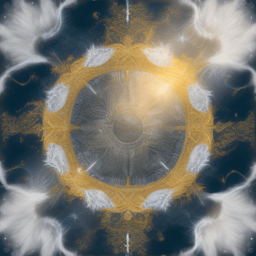 AI generated: High resolution background image of a heavenly dimension, dreamy white and gold, with angelic feathe...