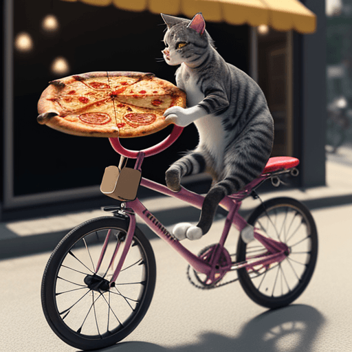 AI generated: A cat riding a bicycle with a pizza in hand,Realistic, 4k,hyperdetailed,octane render