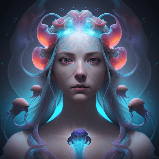 AI generated: Goddess close-up portrait ribcagel. jellyfish phoenix head, nautilus, orchid, skull, betta fish, bio...